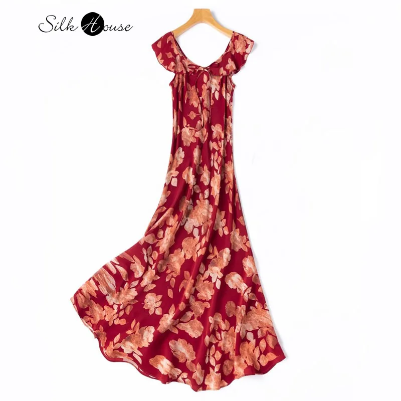 

100% Natural Mulberry Silk Crepe De Chine French Elegant Red Diagonal Cut Vacation Style Women's Fashionable Red Printed Dress