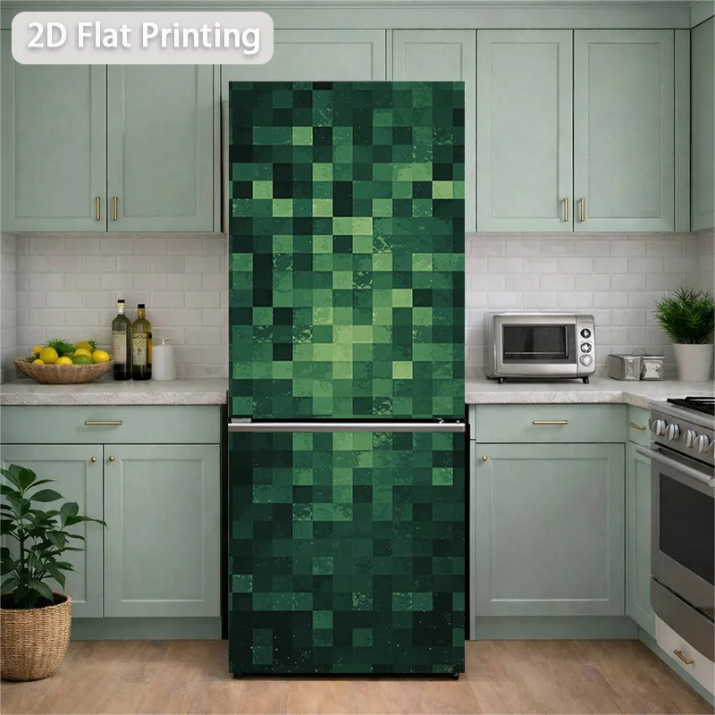 Refrigerator Sticker Pixelated Dark Green Square Texture Themed Design Wall Decoration Self-Adhesive, Suitable for Cabinets An