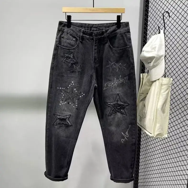 

Retro Waed Men's Denim Pants Loose Harlan Long Pants Printed Hole Design Casual Straight Leg Jeans for Autumn 2026