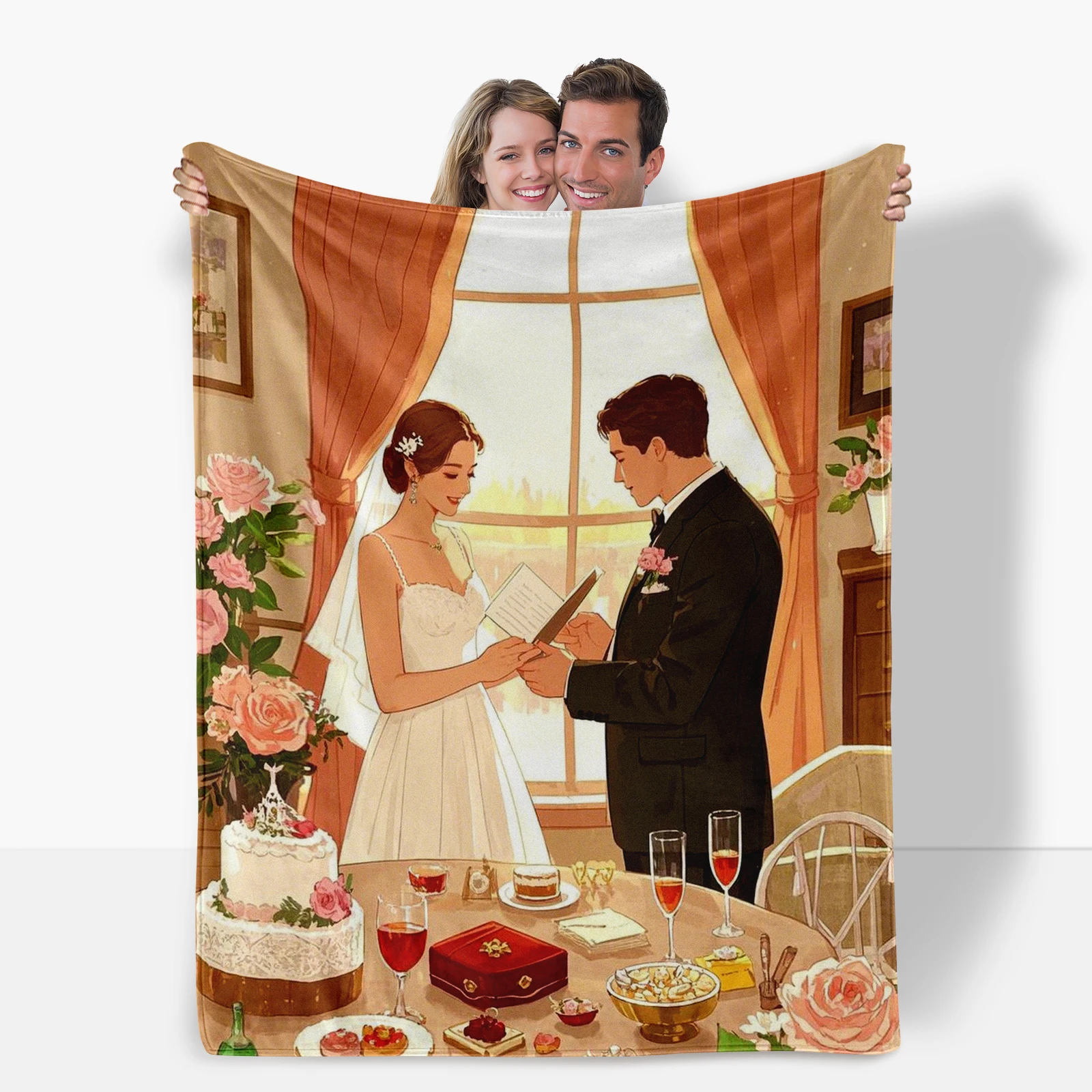 Stylish Cartoon Newlywed Couple Blanket Perfect Gift for Couples in the Fashionable Wedding Season