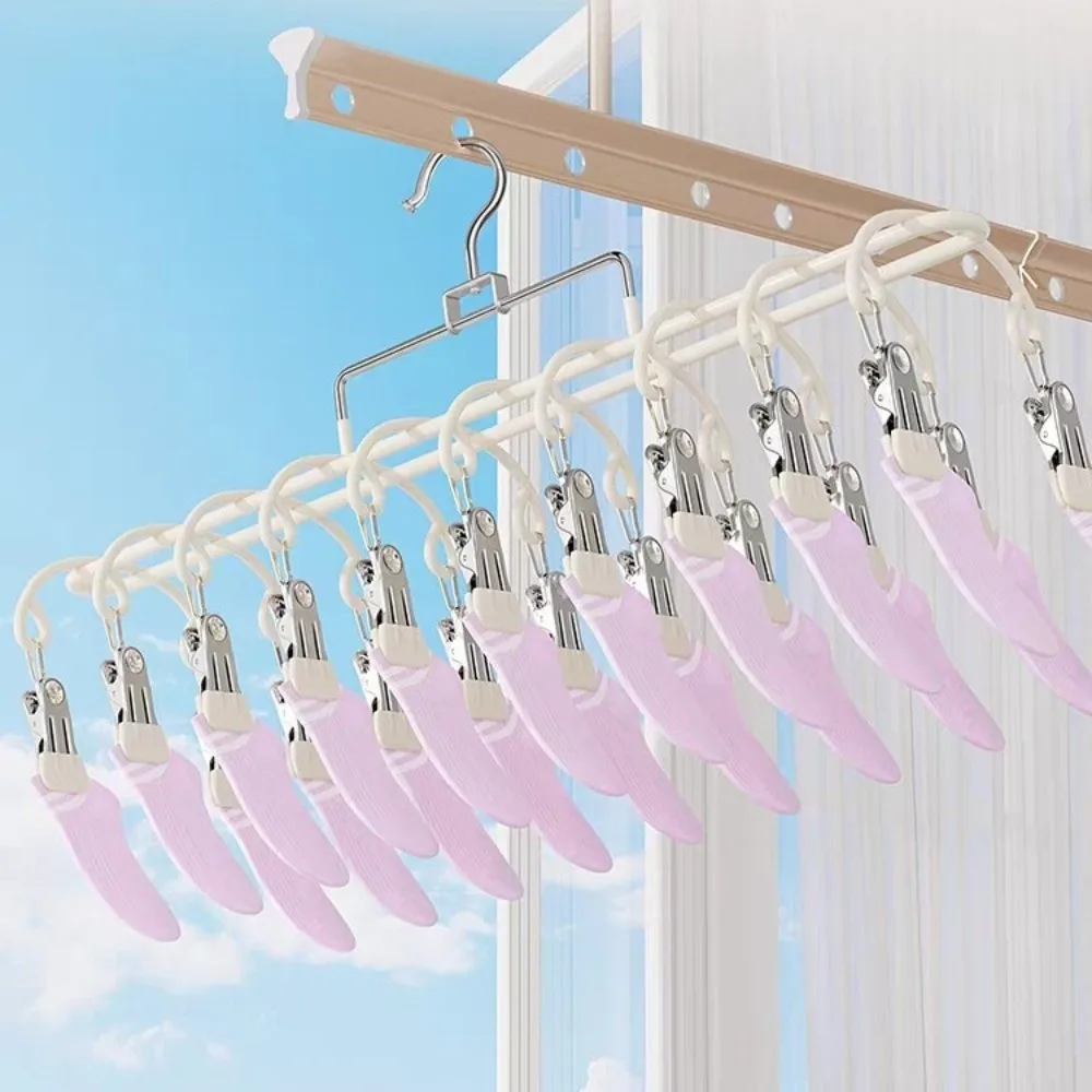 Stainless Steel Clothes Drying Hanger Rustproof Anti-slip Windproof Clothing Rack 20 Clips Portable Shoe Hanger Small Space