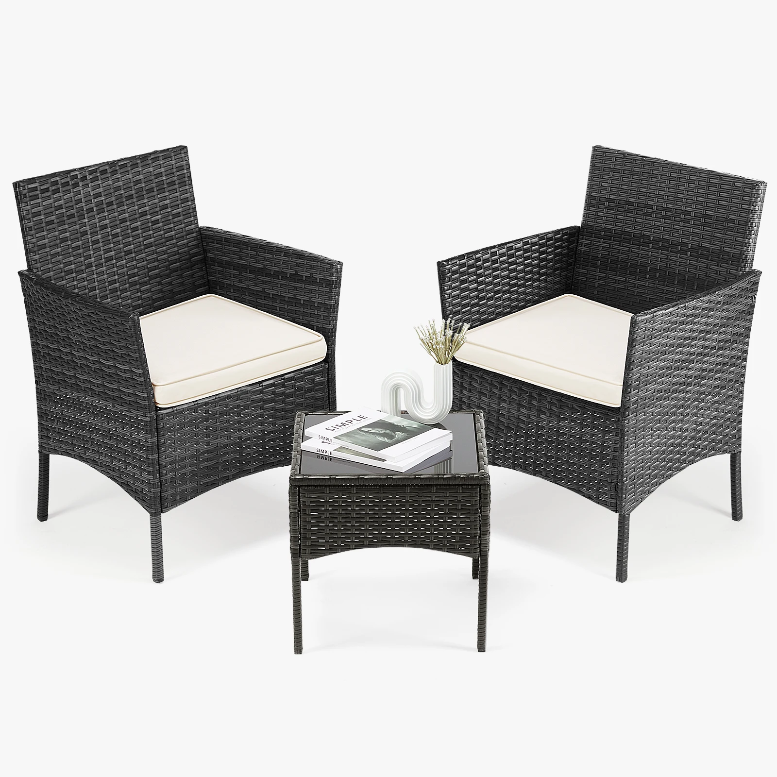 Outdoor Patio Furniture Set 3 Pieces with Soft Cushion and Glass Table Manual Weaving Wicker Rattan Patio Chairs For Garden