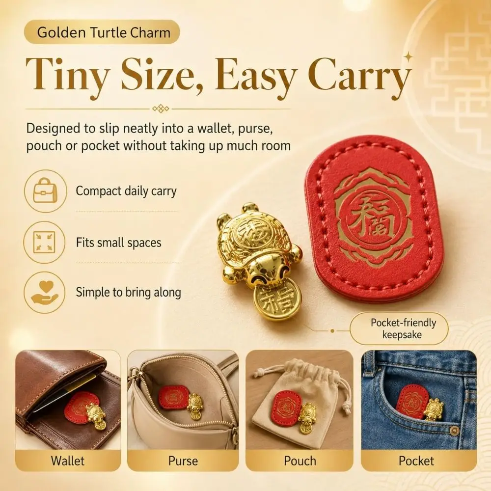 Fengshui Lucky Turtle Wallet Charm Coin Biting Leather Sleeve Golden Turtle Charm Detailed Shell Texture Handcrafted