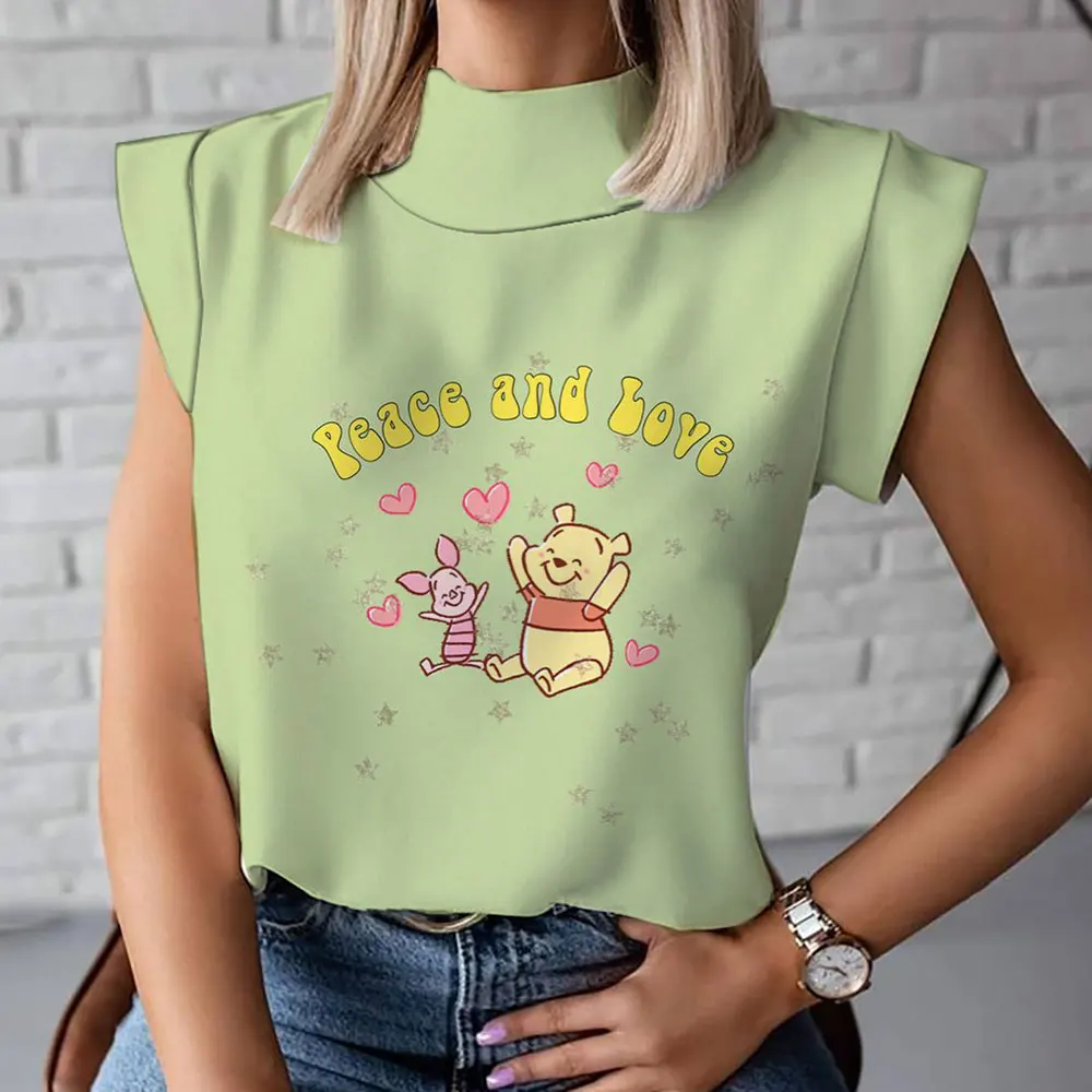 Kaus kerah tinggi lengan pendek wanita, T-shirt kerah tinggi modis dan nyaman kasual lengan pendek kartun Winnie the Pooh baru