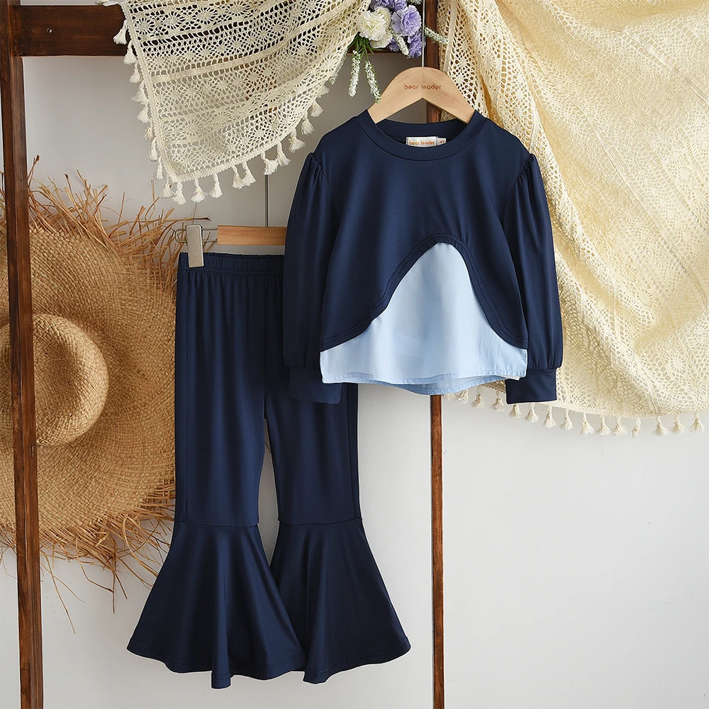 

Корейская версия, модная детская повседневная одежда в уличном стиле для детей 3-7 лет, толстовка с цветными блоками и расклешенные брюки