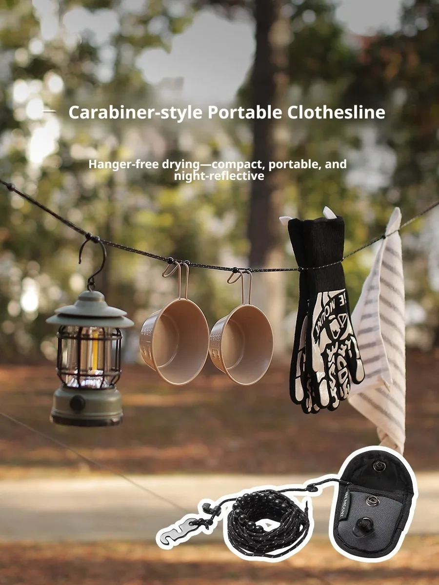 Portable Reflective Camping Clothesline with 12 Windproof Clips, 3M Retractable Outdoor Laundry Line with Storage Bag, No Hanger