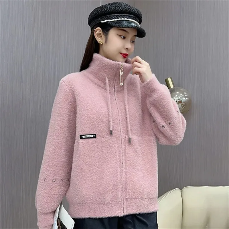 Fashion Stand-Up Collar Crystal Nelvet Coat Female Autumn Winter Women's Knitted Sweaters Coat Zipper Cardigan Outerwear Tops