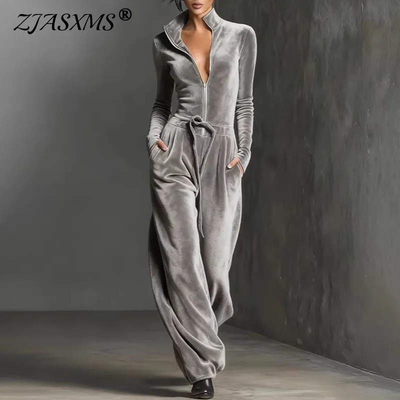 2026 Spring Retro Solid Velvet Women's Jumpsuit Elegant Half Zip Stand Collar Drawstring Waist Overalls Casual Streetwear Romper