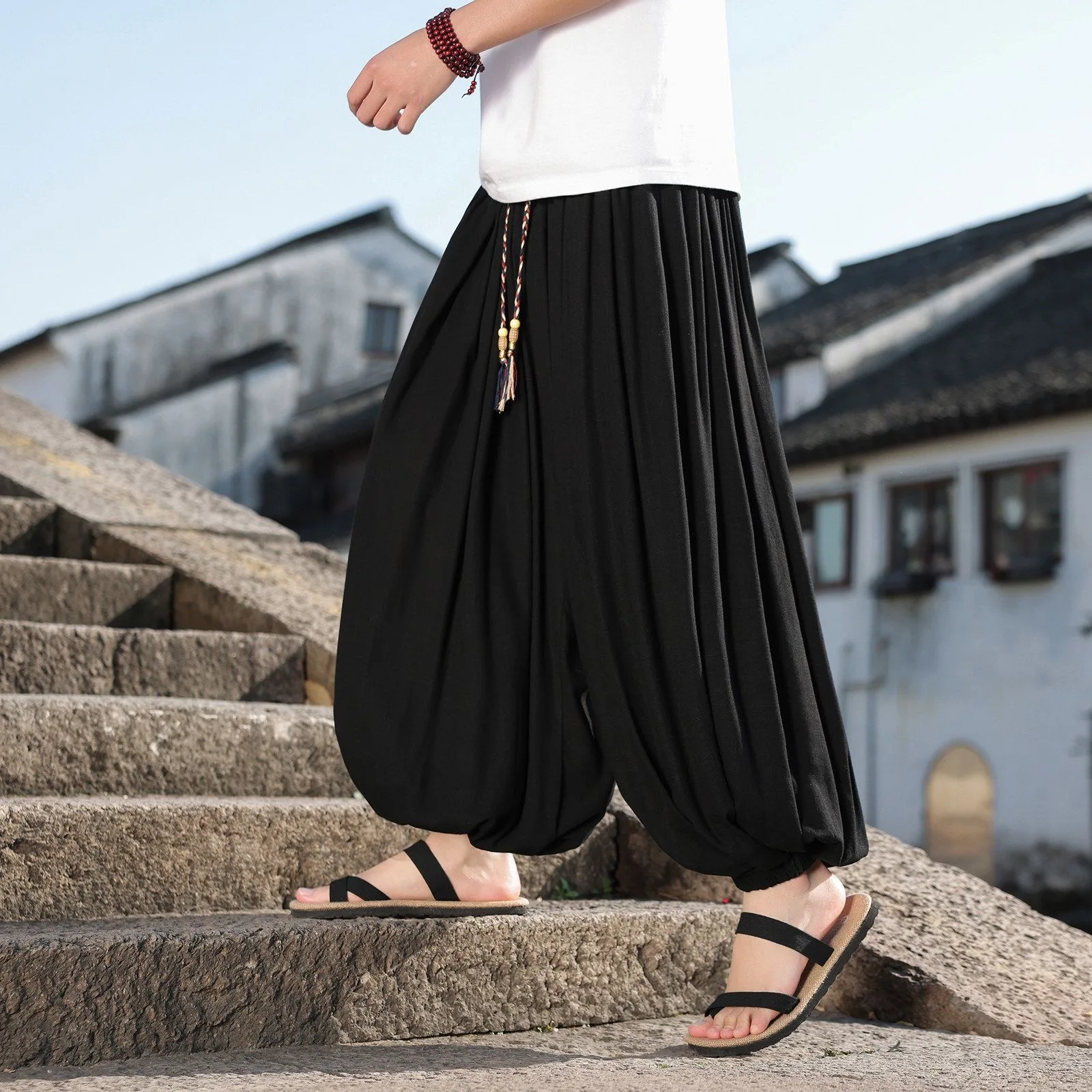 Men Big Size M-8XL Bloomer Linen Pants Male Summer Loose Cozy Soft Holiday Senior Streetwear Trousers Vintage Trendy Pantalons