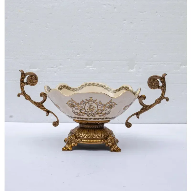 Luxury Gold Flower Basket Shape Decorate Porcelain Fruit Bowl With Two Alloy Handle