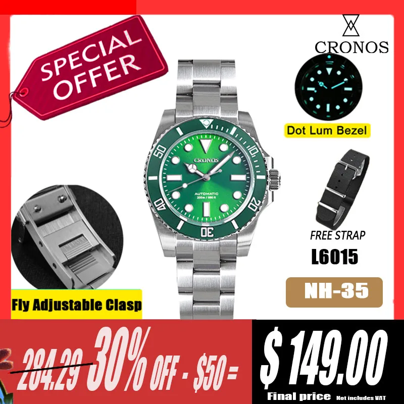 Cronos Sub Diver Men Watch Stainless Steel NH35 Brushed Bracelet Ceramic Bezel 200 Meters Water Resistant Adjustable Clasp L6015