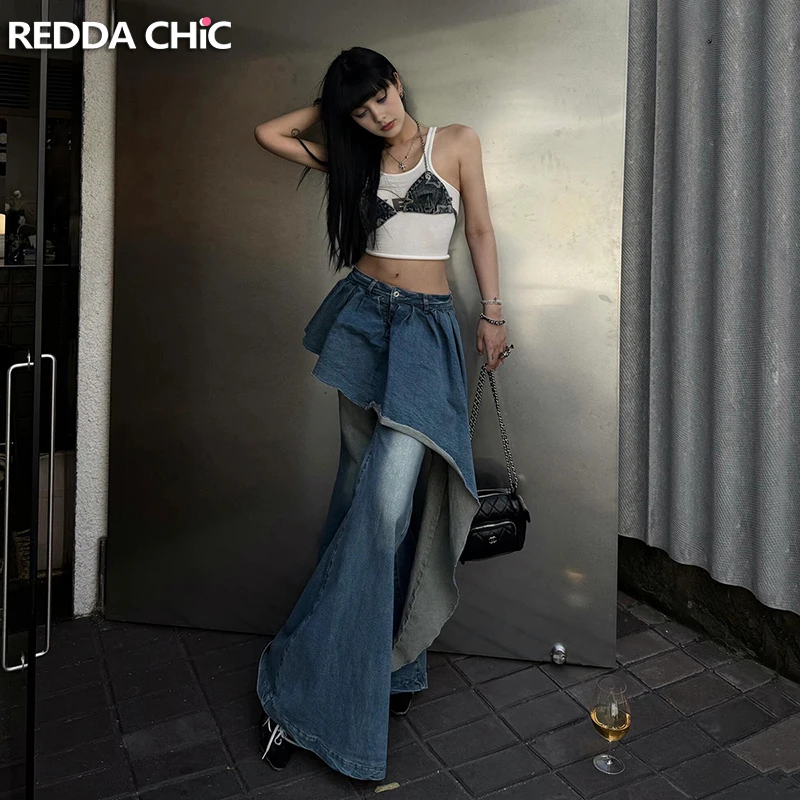 REDDACHiC Asymmetrical Trailing Flare Jeans Women Pleated Skirt Overlay Fake Two-piece Raw Hem Wide Leg Pants Korean Y2k Clothes