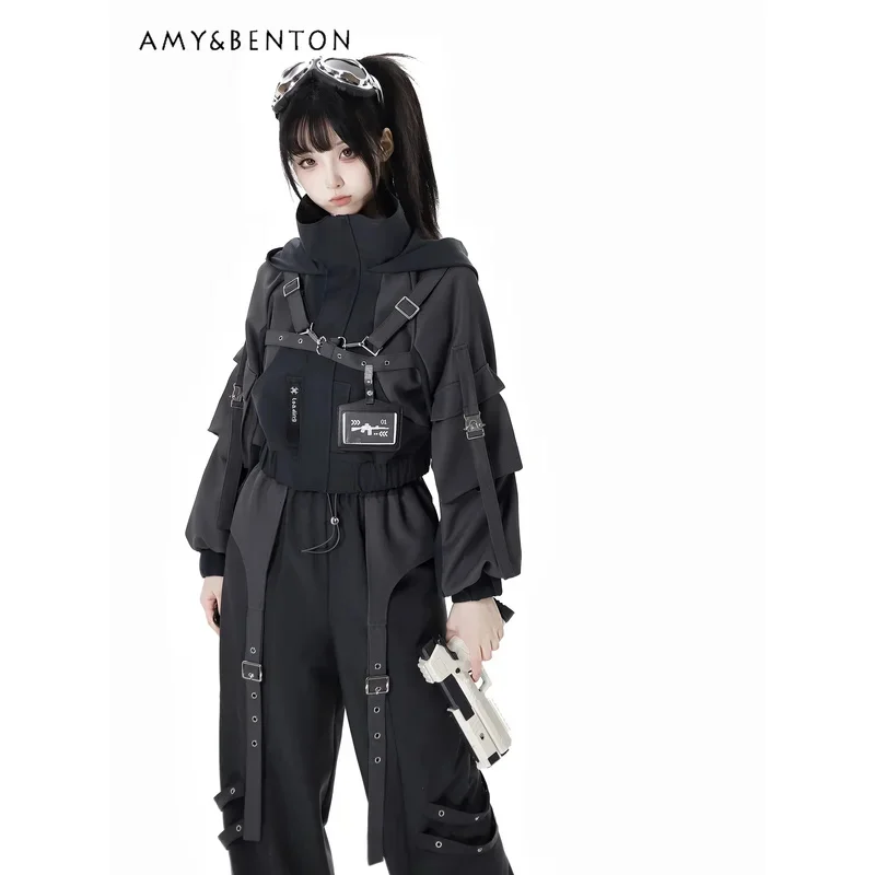 

Готический сращивающий механический стиль, милые крутые комплекты с капюшоном, куртка на молнии большого размера, повседневные брюки с эластичной резинкой на талии, субкультурная одежда