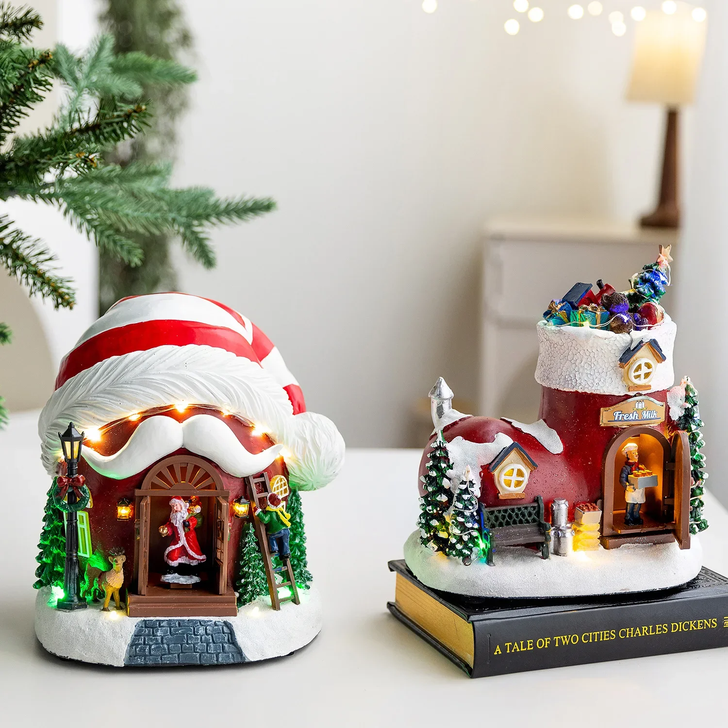 Christmas Music Box with Auto Open Door, Santa Hat & Boot Shaped Desktop Ornament, Holiday Home Tabletop Decor