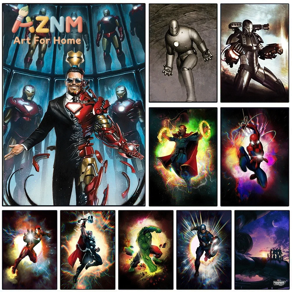 AZNM Tony Stark Iron Man Armor Hall Marvel Canvas Wall Art Frameless Print Superhero Poster Home Bedroom Living Room Decor Pai