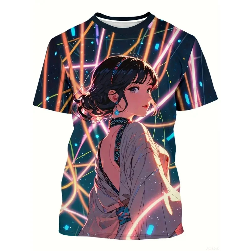 3D Print Mysterious Girl T Shirt For Men Fun Colorful Cartoon Pattern T-Shirts Summer Street O-Neck Short Sleeve Tees Loose Tops
