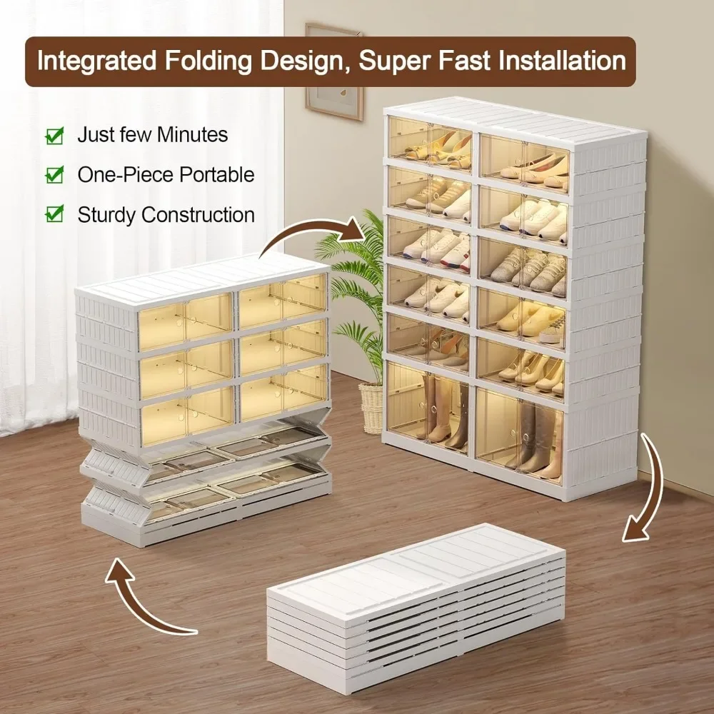 Collapsible shoe rack, storage box, plastic stackable shoebox, with transparent door, quick assembly folding storage box