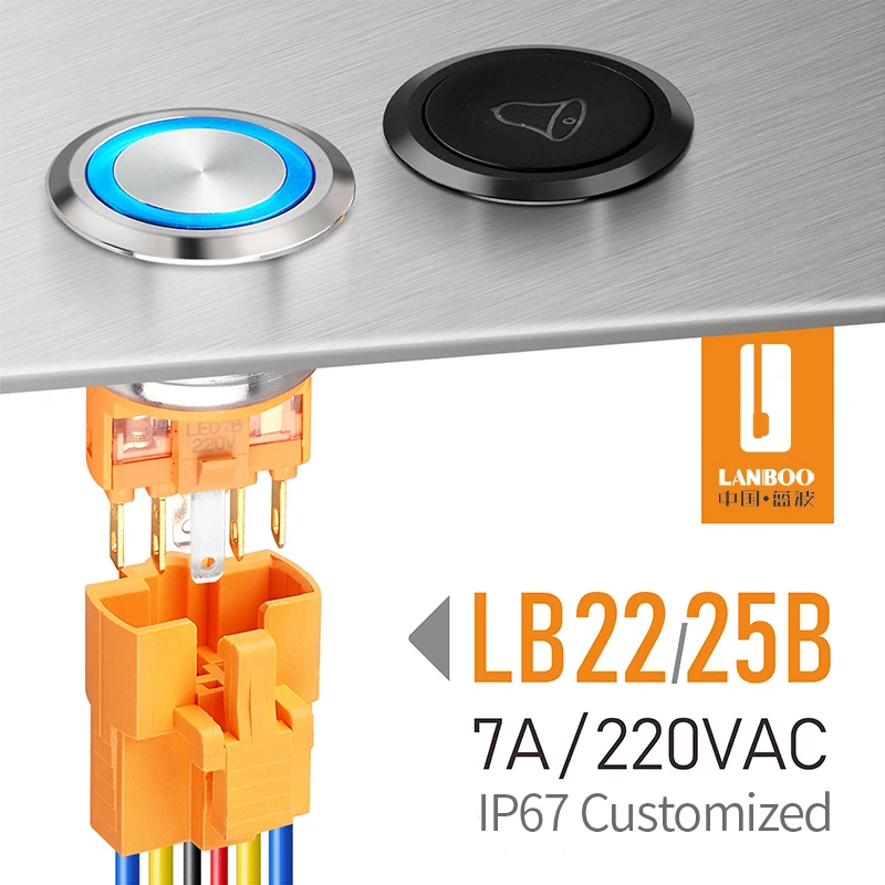 LANBOO 22/25mm latching/tipo momentaneo simbolo di alimentazione illuminato 1 no1nc interruttore a pulsante con LED 12 v24v220v