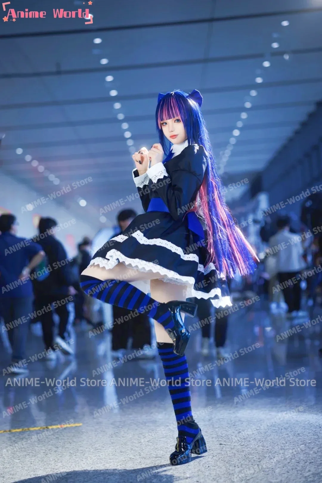 《Custom Size》Anime Panty & Stocking Garterbelt Heroine Anarchy Stocking Cosplay Black Dress Costume Stockings Wig Plush Prop view 2