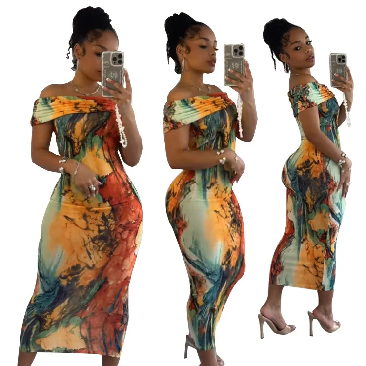 

SKMY Women Clothing Fashion Printed Off The Shoulder Dress Sexy Night Club Outfits Sleeveless Fashion Bodycon Dress Party