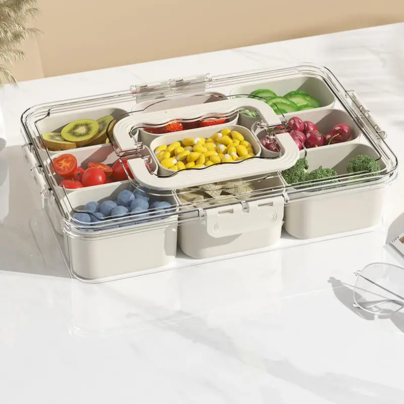 Divided Serving Tray with Lid and Handle Portable Snack Platters Organizer with 6/9 Compartments Reusable Plastic Appetizer Tray