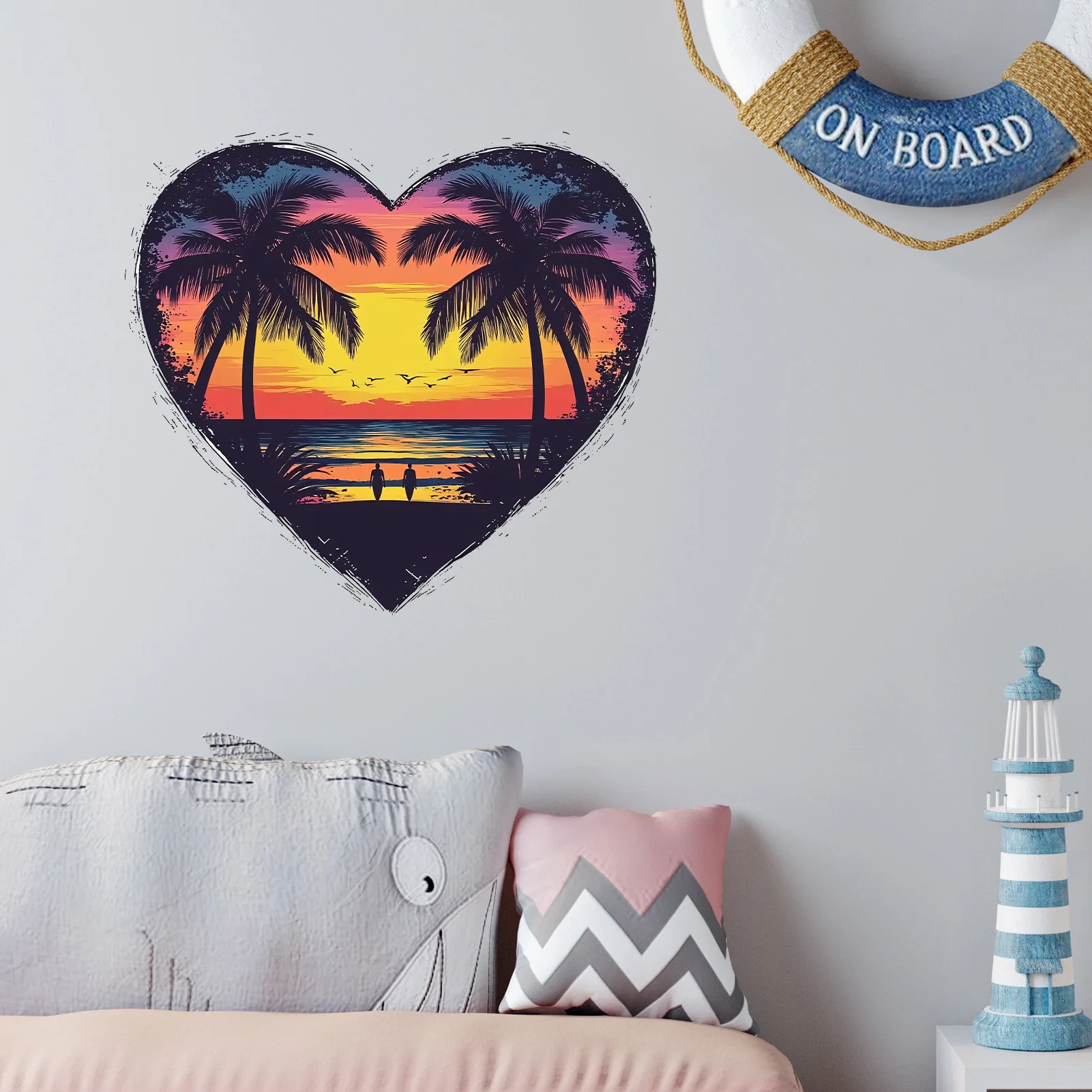 Love Heart Sunset Wall Decals Coconut Palm Tree Self Adhesive Peel and Stick Stickers for Living Room Bedroom Accent Wall Home
