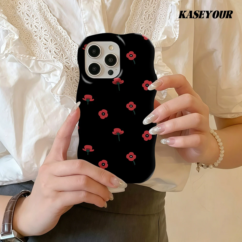 Poppy Noir Fashion 2 in 1 Glossy Phone Case for iPhone 13 14 15 16 17 Pro Max Wave Edges Hard Slim Back Cover Shell