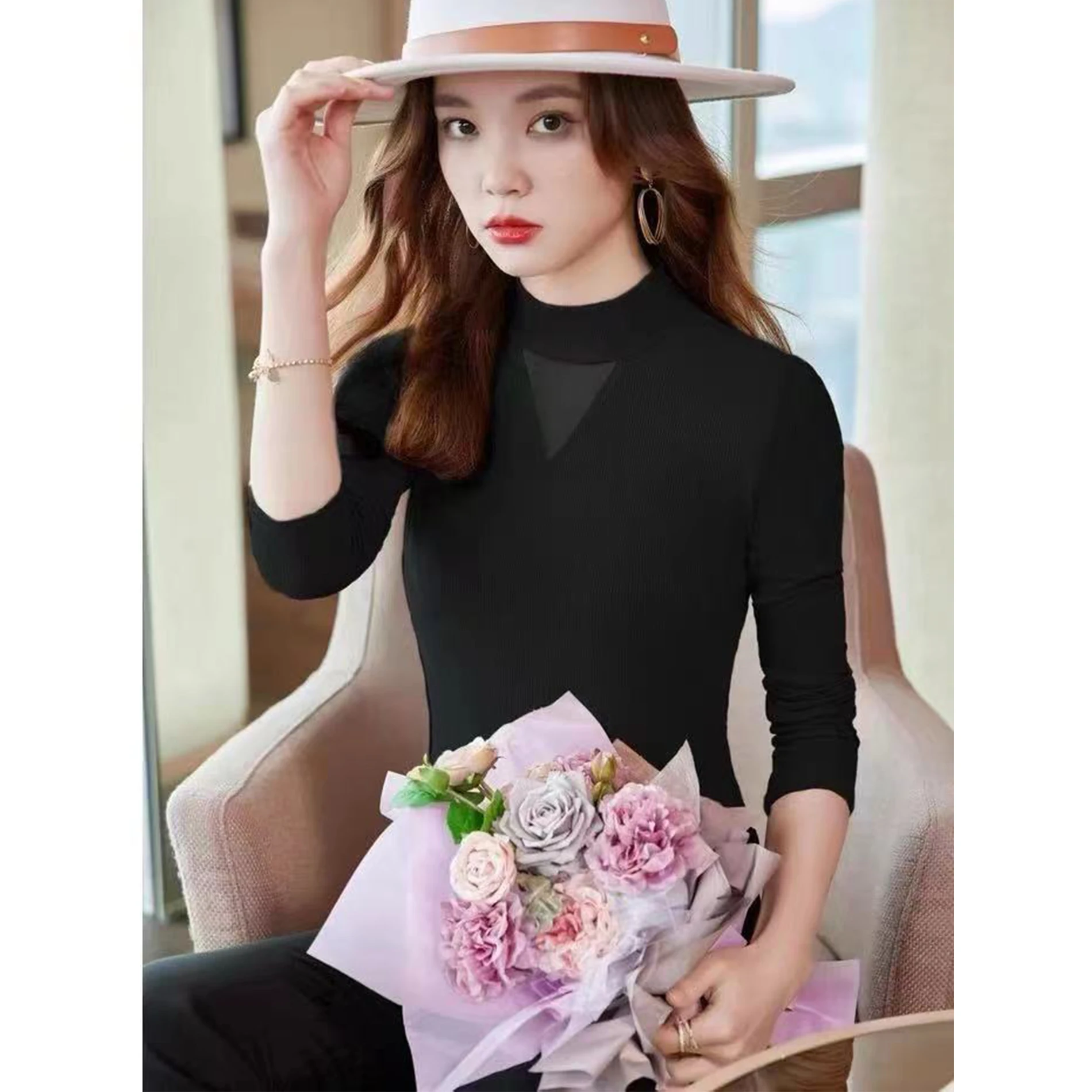 2024년 가을 다용도 롱 슬림핏 베이스 티셔츠 후드 이너웨어 폴리에스터 섬유 여성 패션 티셔츠