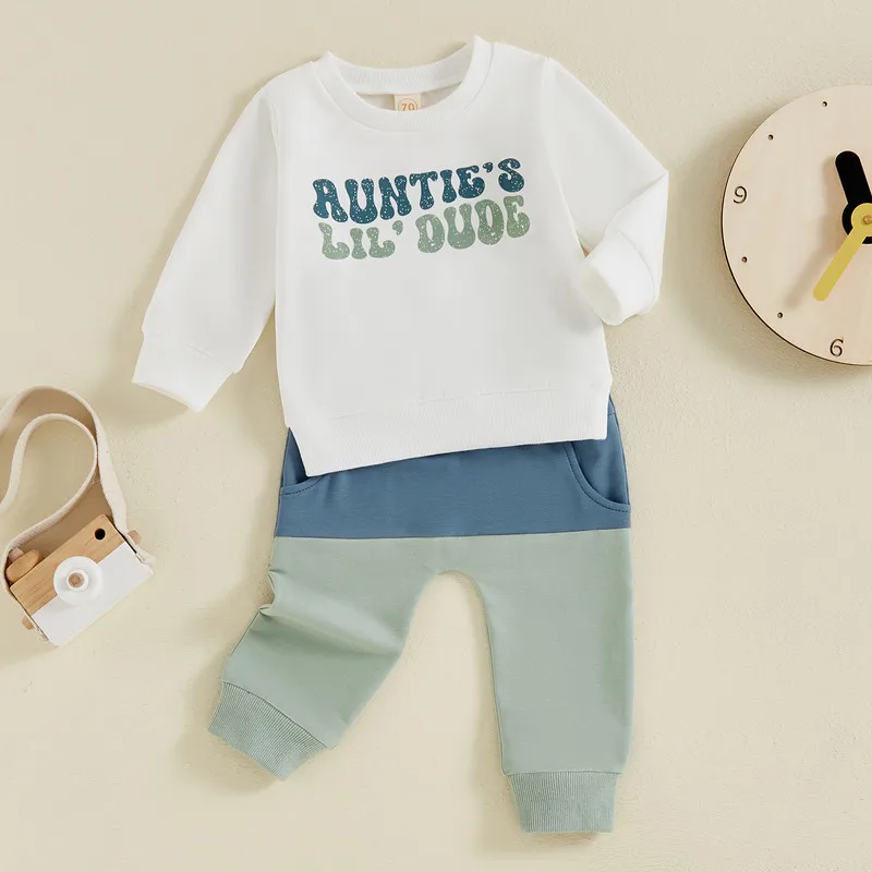 RUEWEY Toddler Baby Boys Pant Sets Spring Autumn Clothes Letter Long Sleeve Round Neck Tops Pocket Contrast Color Long Pants