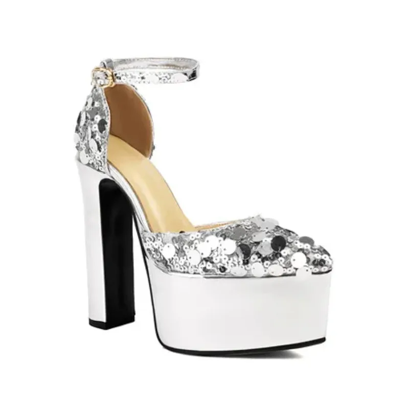 

Туфли женские с блестками, заостренный носок, ремешок на щиколотке, платформа, высокий каблук, блестящие, золотистые, серебристые, черные, 43