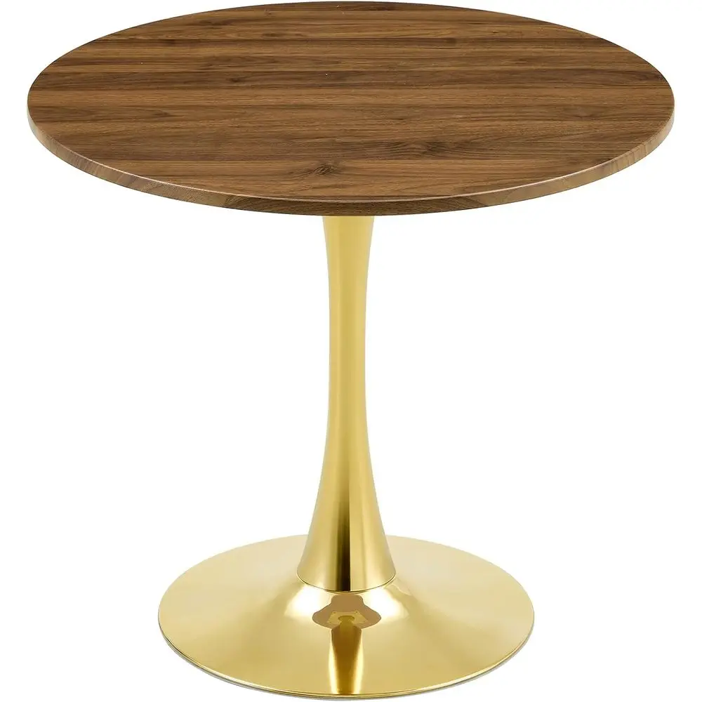 

31.5 Inch Round Walnut Top Dining Table with Gold Metal Base, Suitable for 2-4 People, Ideal for Small Spaces