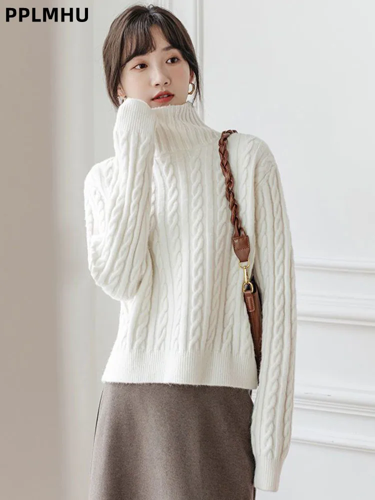 

Turtleneck Thicken Knitted Sweater Fashion Warm Soft Short Baggy Pullovers Women's Casual Loose Bottom Top Jumpers Sueter