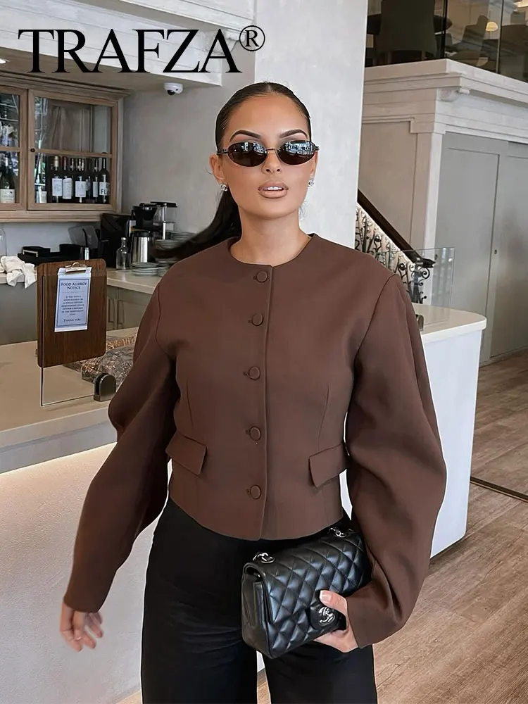 TRAFZA 2024 Autumn Fashion Blazer For Women Long Sleeves Single Breasted Balloon Fit O Neck Coat Top Female Elegant Streetwear