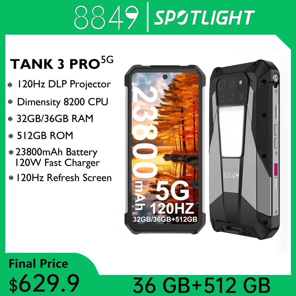 8849 Tank 3 Pro de Unihertz Smartphone resistente 5G con proyector de 100 lúmenes 36GB 512GB 23800mAh 200MP Teléfonos móviles