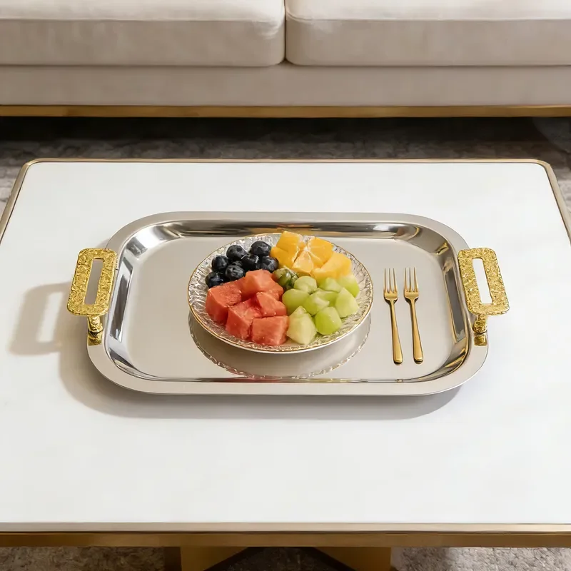 Modern Luxury Silver Stainless Steel Food Tray with Gold Handle for Ramadan Serving Platter Metal Decorative Dish for Home