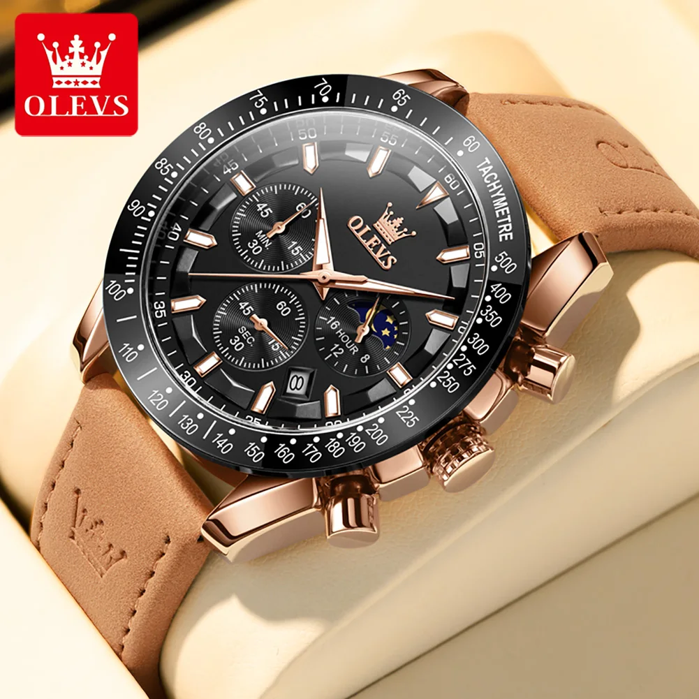 

OLEVS Men's Watches Original Brown Leather Strap Date Calendar Dial Waterproof Luminous Fashion Quartz Watch for Men Moon Phase