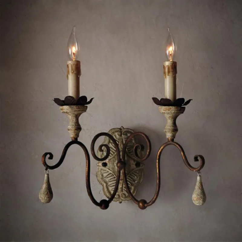 American country French solid wood carving retro old wall lamp living room dining room bedroom