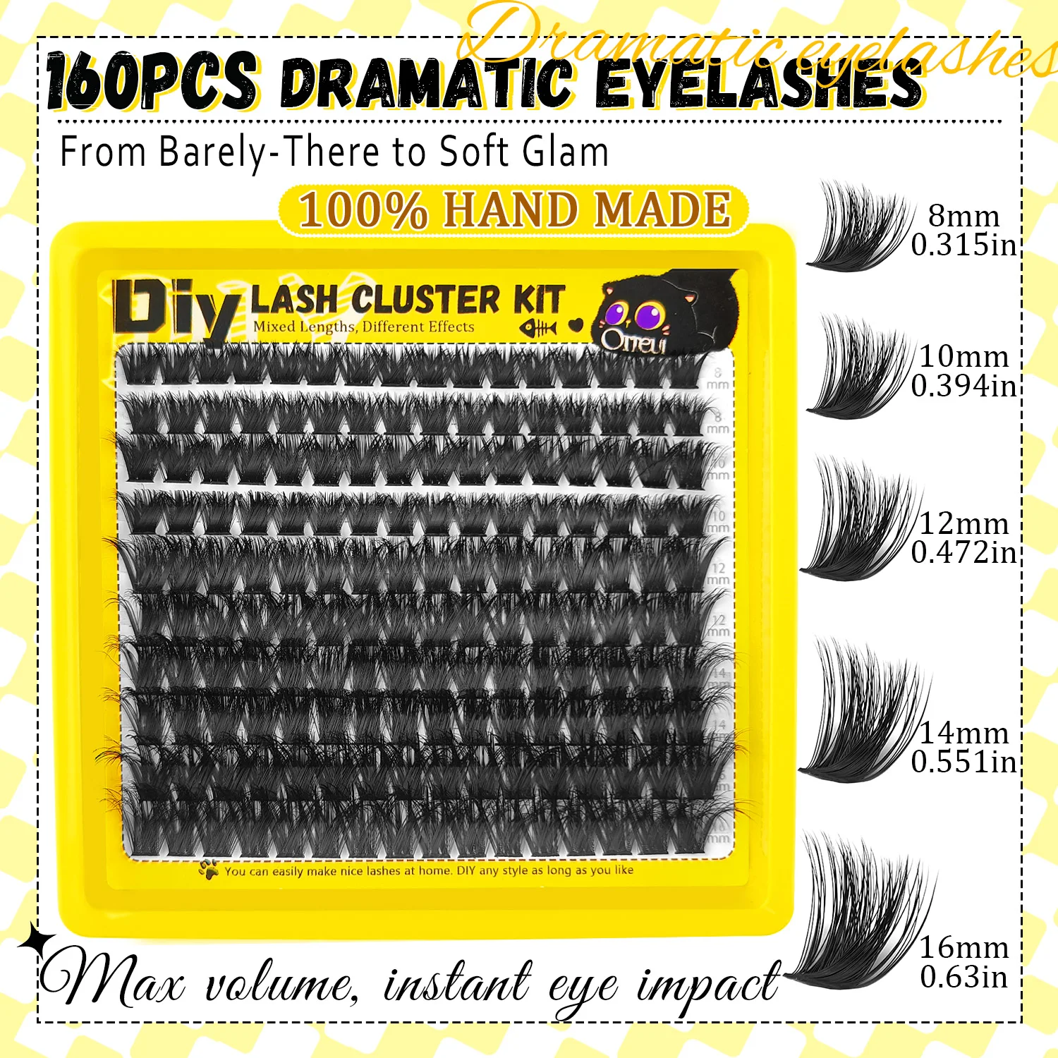 160PCS Dramatic Lash Cluster Kit D Curl 8-16mm Mixed Length False Eyelashes Extra Full Volume DIY Individual Lashes Fluffy Reusa