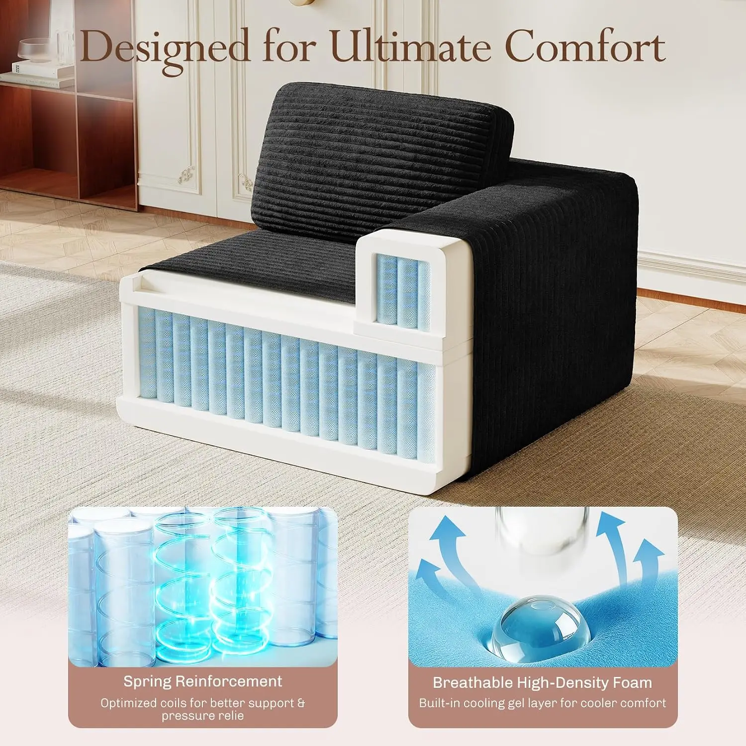 Modular Sectional Right-Arm Chair Corduroy Fabric Black, Customized