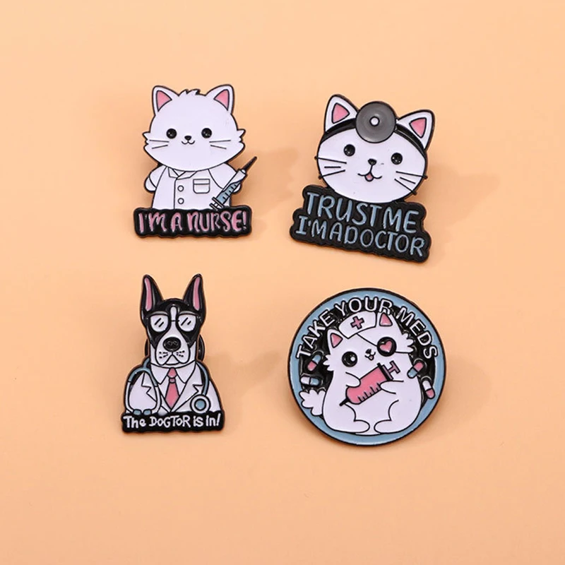 Trust Me I'm A Doctor/ Nurse Cartoon Cat Enamel Pins Take Your Meds Dog Medical Lapel Badges Backpack Jewelry Gifts For Students