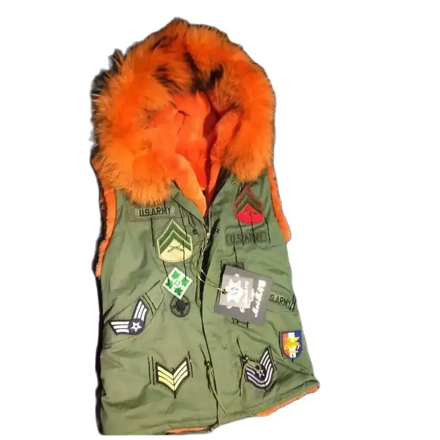 Army Green Badge Fur Vest For Ladies Winter Orange Faux Fur Lined Waistcoat Parka Women Wear