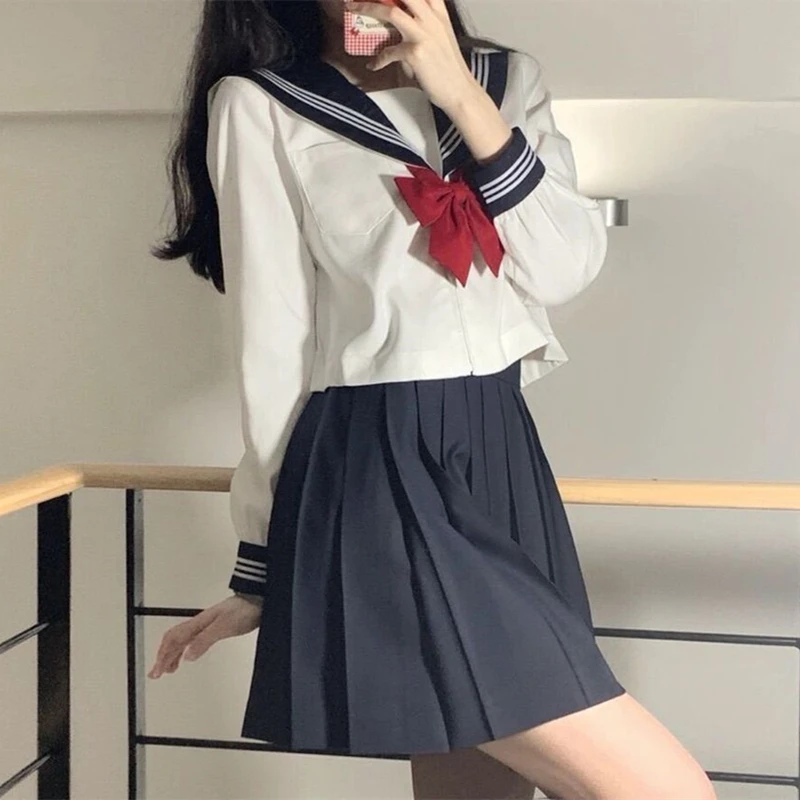 Japanese School Uniform Girls Jk Suit Red Bow Tie White Three Basic Sailor Uniform Women Long Sleeve Clothes Suits