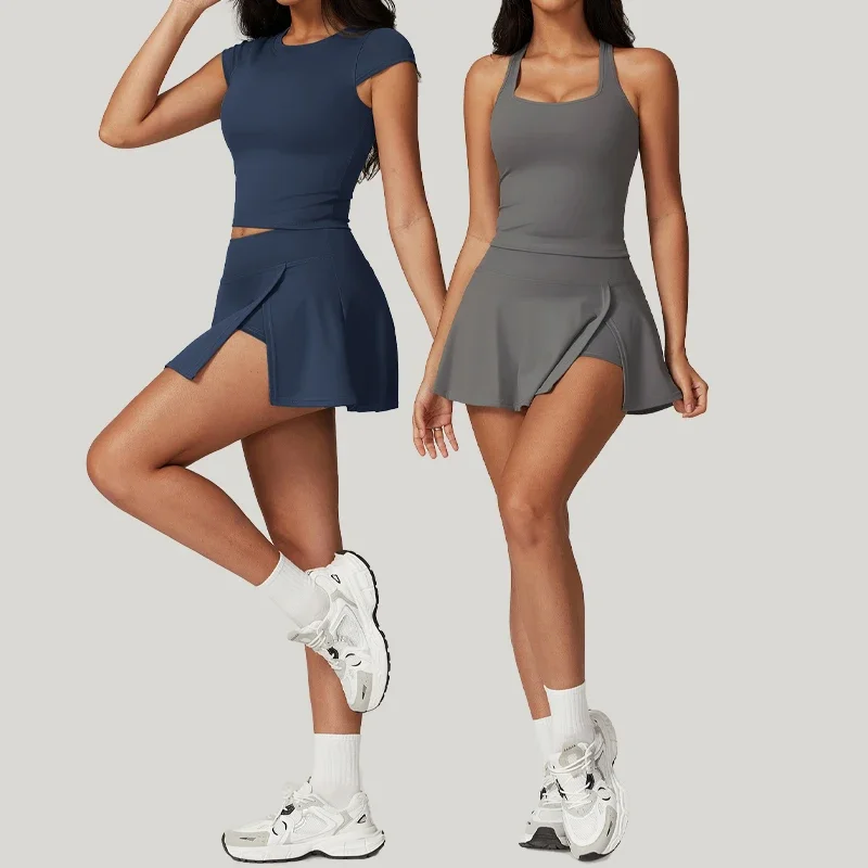 

Tight Tennis Skirt Set Yoga Clothing Anti-Shine Bottom Pants Set Quick Dry High Waisted Hip Lifting Running Fitness Exercise Set