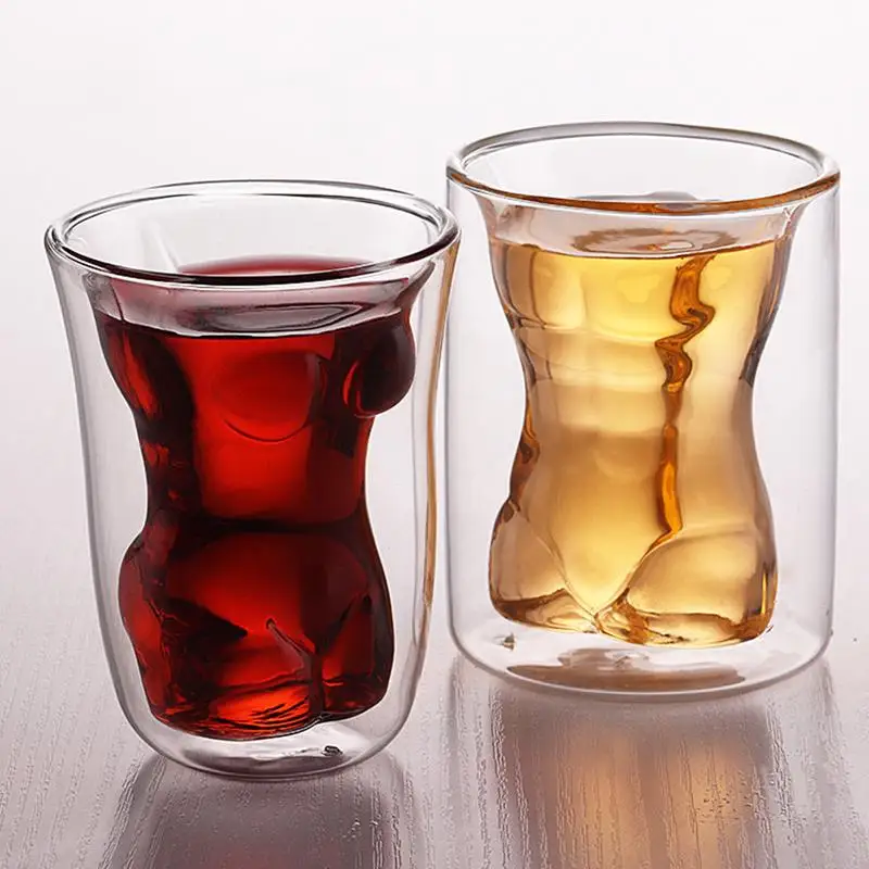 Vaso de vidrio con forma de cuerpo para hombre y mujer, vasos de whisky de doble pared, resistentes al agua, para cerveza y vino