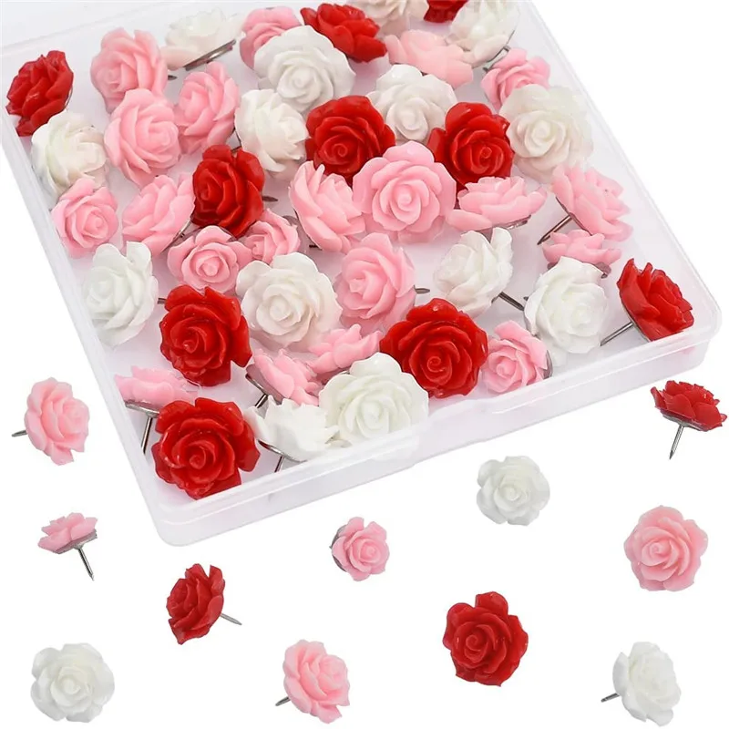 50Set 40Pcs/Set Rose Flower Push Pins Floret Cork Board Thumbtack Photo Wall Bulletin Board Tack Office Home Organization H77776