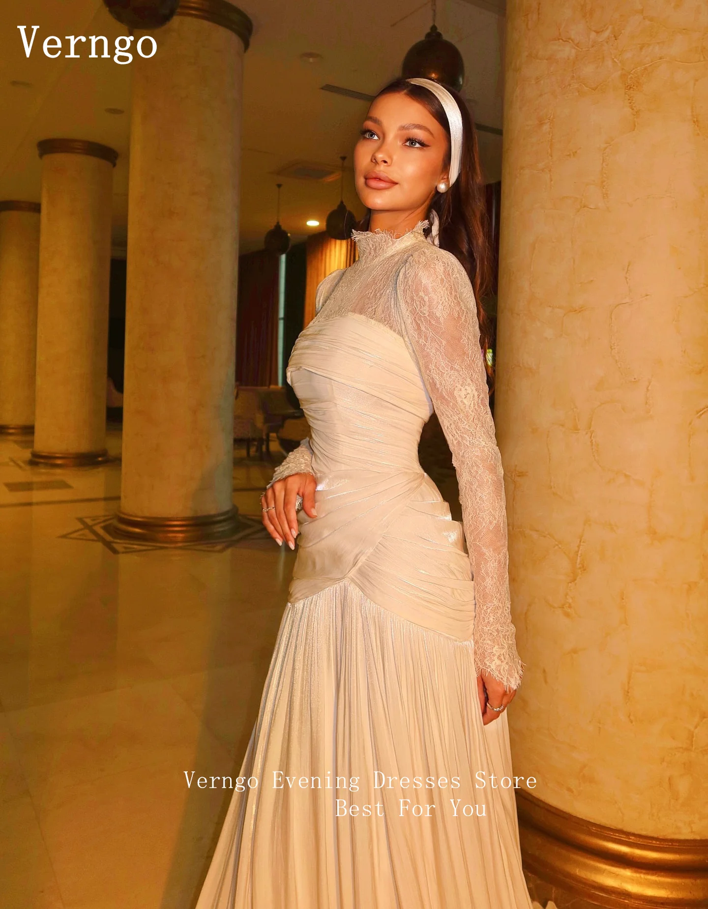 

Verngo блестящее атласное вечернее платье цвета шампанского с высоким воротом и длинными рукавами со шлейфом торжественное платье Саудовская Аравия по индивидуальному заказу
