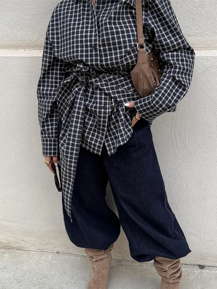 

HH 2026 Women Fashion Street Shirt Lapel Long Sleeve Single Breasted Plaid Scarf Decoration Blouse Female Casual Loose Top