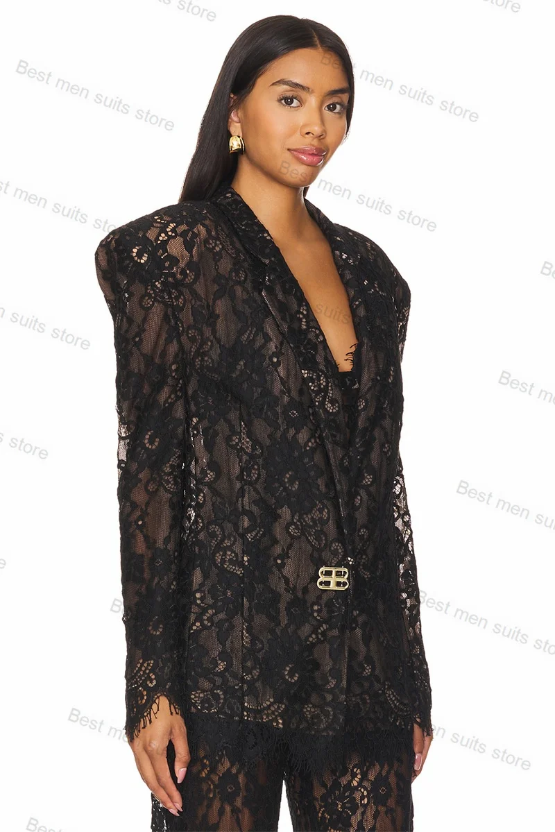 Black Lace Women Suit Set 2 Piece Blazer+Pants Sexy See Through Jacket Wedding Tuxedo Fashion Autumn Prom Coat Custom Made