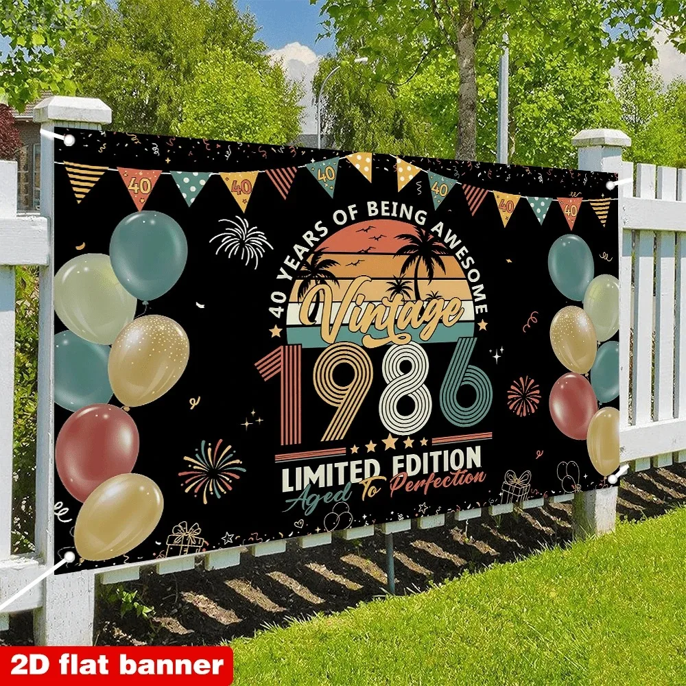 Vintage-Hintergrund zum 40. Geburtstag von 1986, Retro-Hintergrund mit der Aufschrift „40 Years of Being Awesome“ mit Palme und Sonnenuntergang für die Party – Detail 6