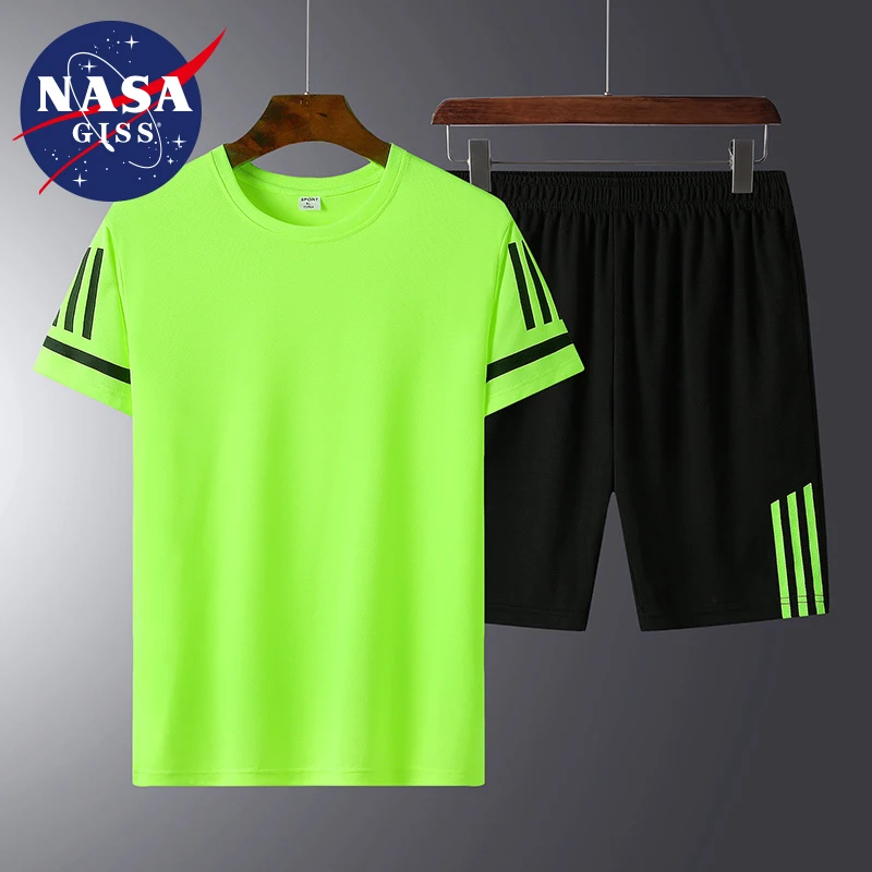 NASA GISS New Mesh Three Bar Shorts Sports Set Quick Drying Pullover casual pants T-shirt shorts two-piece set